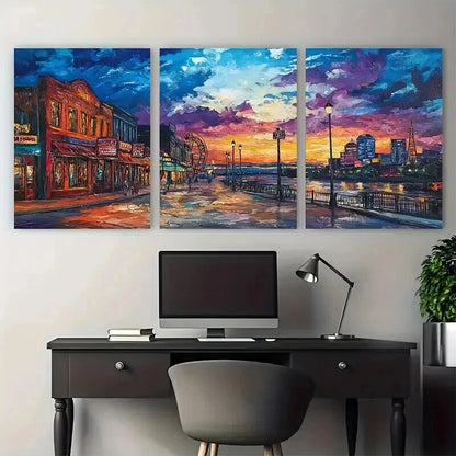 3pcs Memphis Sunset Nighttime Cityscape Perfect Wall Art Set Canvas Framed 60x90cm - High Quality Print 100% Australian Made Wall Canvas Ready to Hang - Bella Home Decor