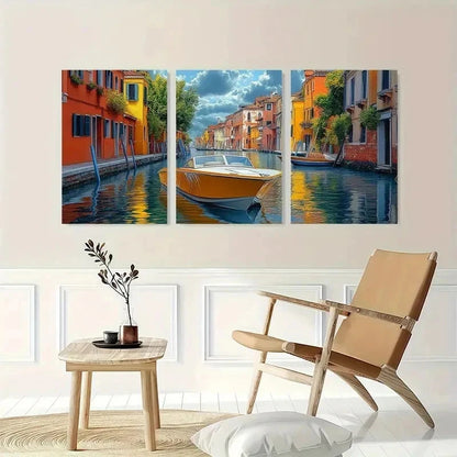 3pcs Venice Canal Colorful Waterfront Perfect Wall Art Set Canvas Framed 50x70cm - High Quality Print 100% Australian Made Wall Canvas Ready to Hang