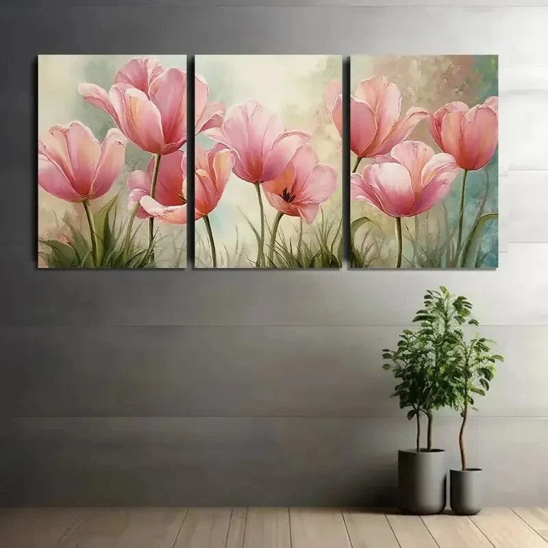 3pcs Painting of Pink Tulips Pastels Metal Print Ready to Hang Art - Bella Home Decor