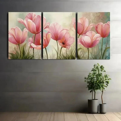 3pcs Painting of Pink Tulips Pastels Metal Print Ready to Hang Art - Bella Home Decor