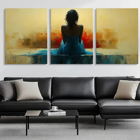 3pcs Woman in Blue Dress Abstract Serene Wall Art Set Canvas Unframed - High Quality Print 100% Australian Made Wall Canvas