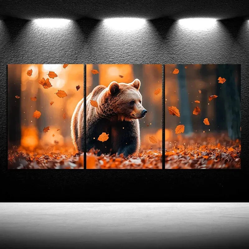 3pcs Bears in the Forest Scenery Golden Leaves Metal Print Ready to Hang Art - Bella Home Decor