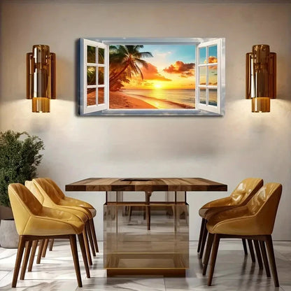Tropical Beach Sunset Scene Wall Art Canvas Office Home Room Framed 120x60cm