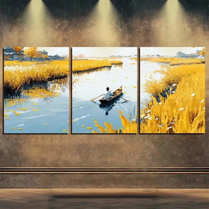 3pcs Stunning Autumn Scenery Boat Perfect Wall Art Set Canvas Framed 60x90cm - High Quality Print 100% Australian Made Wall Canvas Ready to Hang