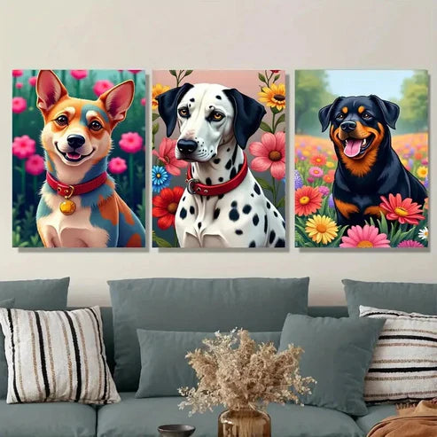 3pcs Vibrant Dog Colorful Pet Paintings Floral Wall Art Set Canvas Unframed - High Quality Print 100% Australian Made Wall Canvas