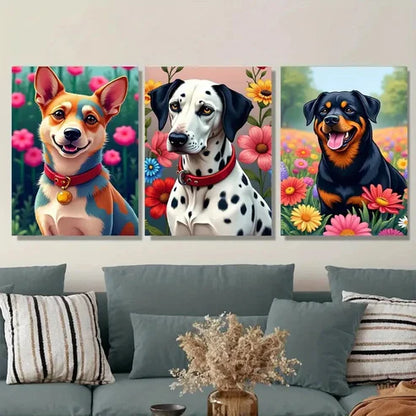 3pcs Vibrant Dog Colorful Pet Paintings Floral Wall Art Set Canvas Unframed - High Quality Print 100% Australian Made Wall Canvas