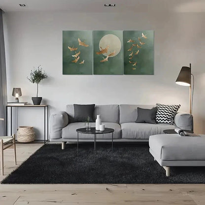 3pcs Golden Birds Moonlit Night Sky with Green Metal Print Ready to Hang Art - Bella Home Decor