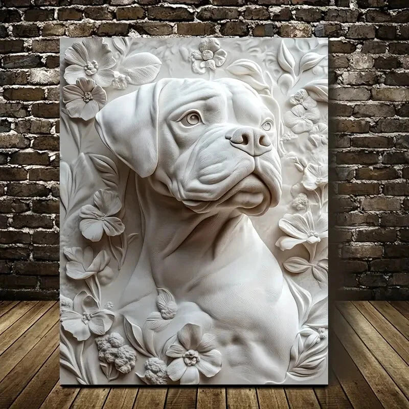 Magnificent White Boxer Dog Surrounded Painting 40x60cm Metal Print Ready to Hang