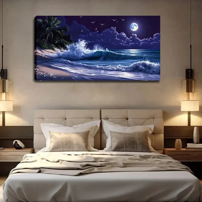 Moonlit Beach Scene With Waves Wall Art Canvas Office Home Room Framed 120x60cm - Bella Home Decor