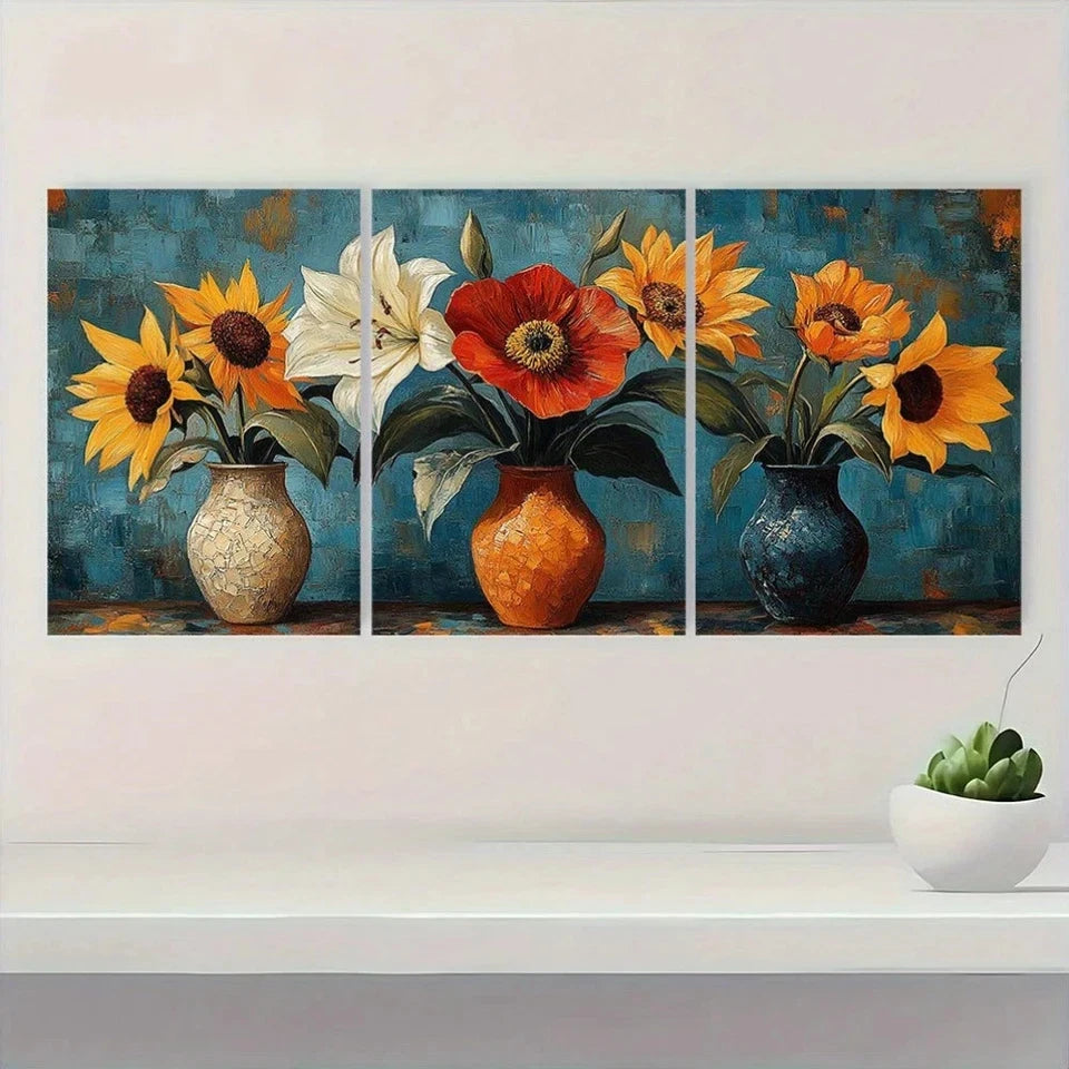 3pcs Vibrant Red Yellow & White Sunflowers Metal Print Ready to Hang Art - Bella Home Decor