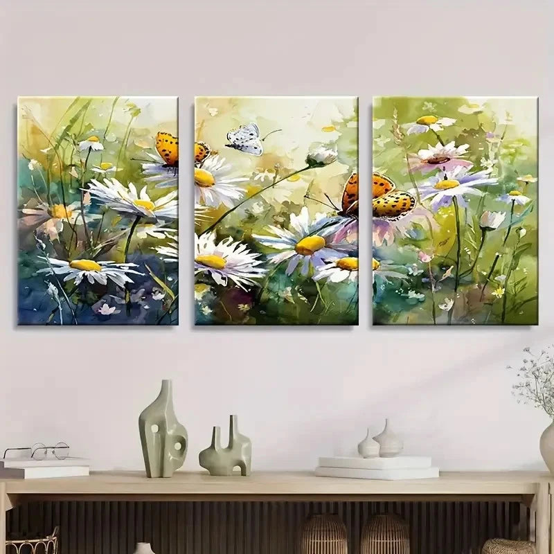 3pcs Butterflies on Daisies in Spring Meadow Wall Art Set Canvas Framed 50x70cm - High Quality Print 100% Australian Made Wall Canvas Ready to Hang - Bella Home Decor