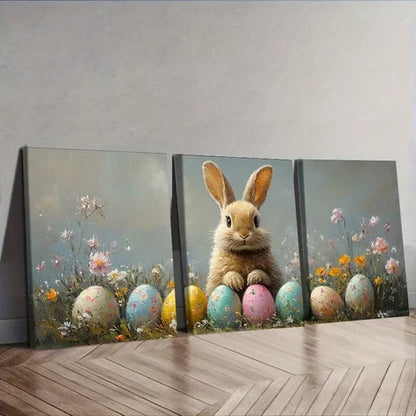 3 PCS Adorable Easter Bunny With Eggs Wall Art Set Canvas Unframed - High Quality Print 100% Australian Made Wall Canvas - Bella Home Decor