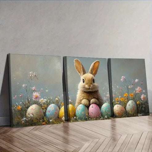 3 PCS Adorable Easter Bunny With Eggs Wall Art Set Canvas Unframed - High Quality Print 100% Australian Made Wall Canvas