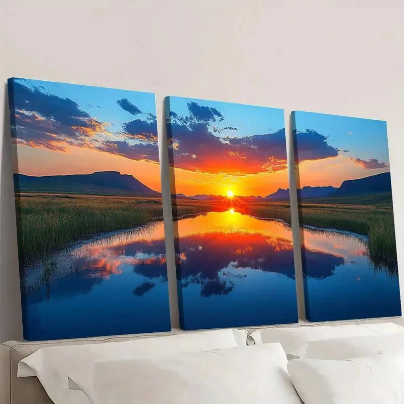3pcs Sunset Sky Clouds Mountains and Rivers Wall Art Set Canvas Framed 60x90cm - High Quality Print 100% Australian Made Wall Canvas Ready to Hang