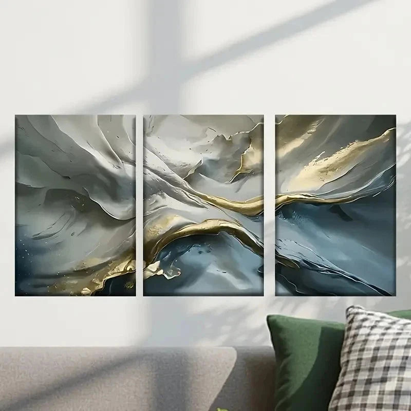 3pcs Abstract Painting with Golden and Blue Wall Art Set Canvas Framed 40x60cm - High Quality Print 100% Australian Made Wall Canvas Ready to Hang - Bella Home Decor