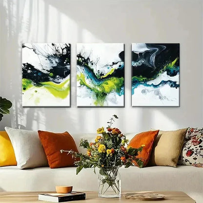 3pcs Abstract Fluid Black White Green Perfect Wall Art Canvas Unframed - High Quality Print 100% Australian Made Wall Canvas - Bella Home Decor