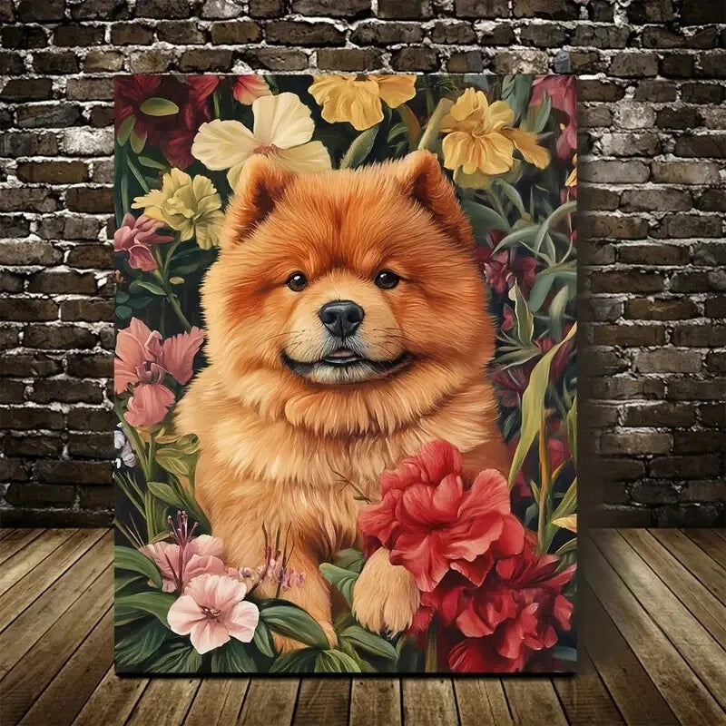 Cute Chow Chow Dog with Flowers & Plants 40x60cm Metal Print Ready to Hang - Bella Home Decor