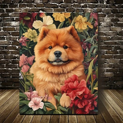Cute Chow Chow Dog with Flowers & Plants 40x60cm Metal Print Ready to Hang - Bella Home Decor