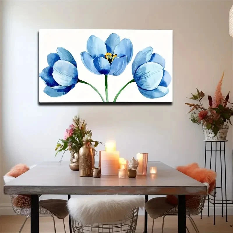 Light Blue Blooming Poppies Wall Art Canvas Office Home Room Framed 120x60cm