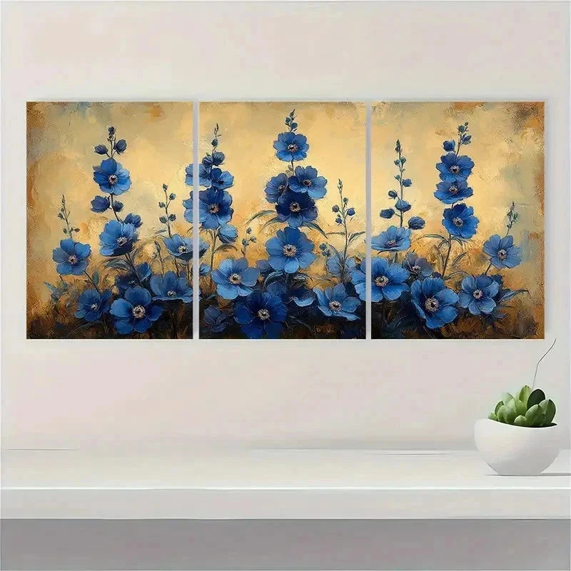 3pcs Larkspur Flower Beige Delphinium Perfect Wall Art Set Canvas Framed 50x70cm - High Quality Print 100% Australian Made Wall Canvas Ready to Hang