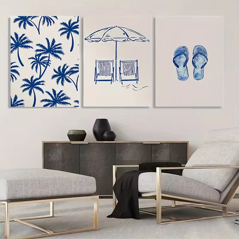 3pcs Palm Tree Beach Scene and Flip Flops   Wall Art Set Canvas Framed 60x90cm - High Quality Print 100% Australian Made Wall Canvas Ready to Hang