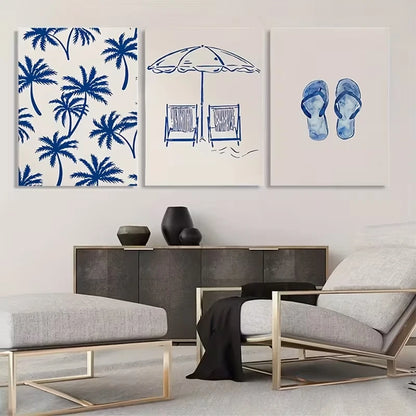 3pcs Palm Tree Beach Scene and Flip Flops   Wall Art Set Canvas Framed 60x90cm - High Quality Print 100% Australian Made Wall Canvas Ready to Hang