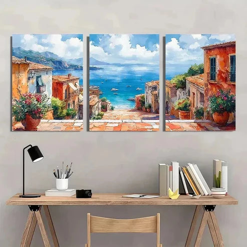 3pcs Street Scene Watercolor Coastal Wall Art Canvas Unframed - High Quality Print 100% Australian Made Wall Canvas