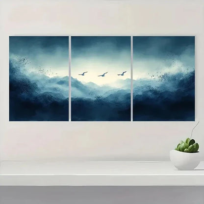 3pcs Blue Smoke Wave & Birds Abstract  Wall Art Canvas Unframed - High Quality Print 100% Australian Made Wall Canvas - Bella Home Decor