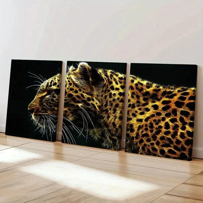 3pcs Leopard on a Black Background Wall Art Set Canvas Framed 50x70cm - High Quality Print 100% Australian Made Wall Canvas Ready to Hang