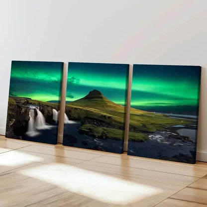 3pcs Nordic Aurora with Waterfall & Coastline Wall Art Set Canvas Framed 60x90cm - High Quality Print 100% Australian Made Wall Canvas Ready to Hang - Bella Home Decor
