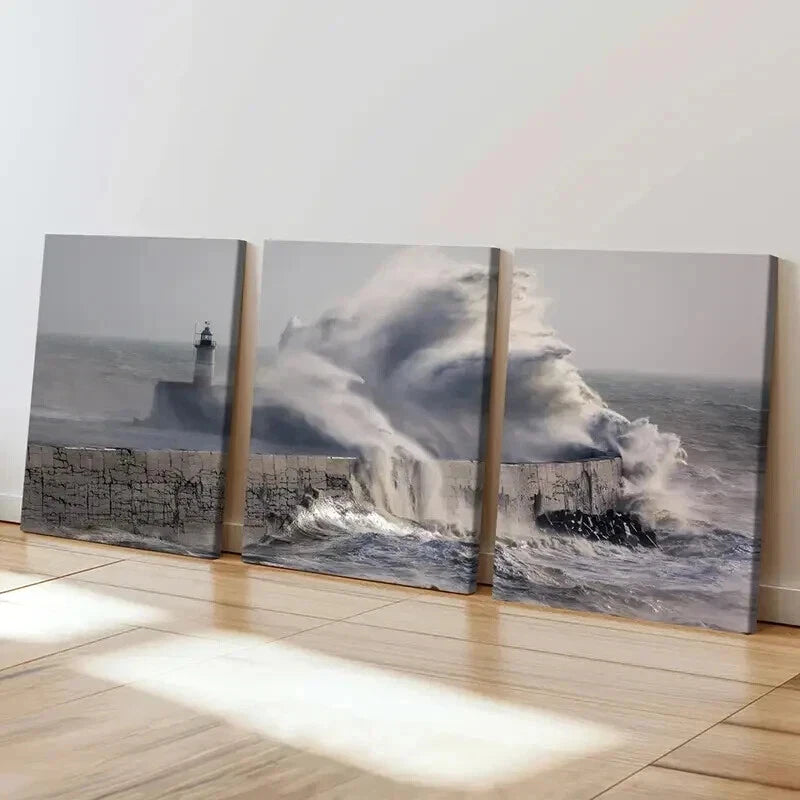 3pcs Pier Huge Waves Lighthouse Sea Wall Art Set Canvas Framed 40x60cm - High Quality Print 100% Australian Made Wall Canvas Ready to Hang - Bella Home Decor