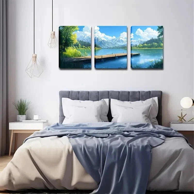 3pcs Serene Lake with Wooden Trestle Perfect Wall Art Set Canvas Framed 40x60cm - High Quality Print 100% Australian Made Wall Canvas Ready to Hang - Bella Home Decor