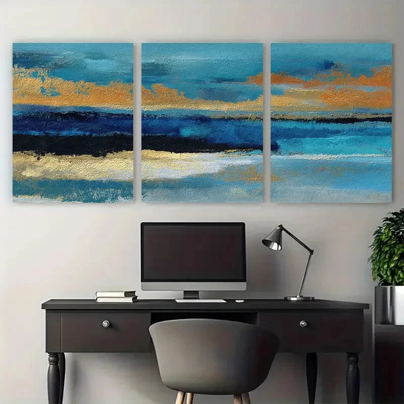3pcs Blue Seascape Textured Sunrise Prefect Wall Art Set Canvas Framed 60x90cm - High Quality Print 100% Australian Made Wall Canvas Ready to Hang - Bella Home Decor