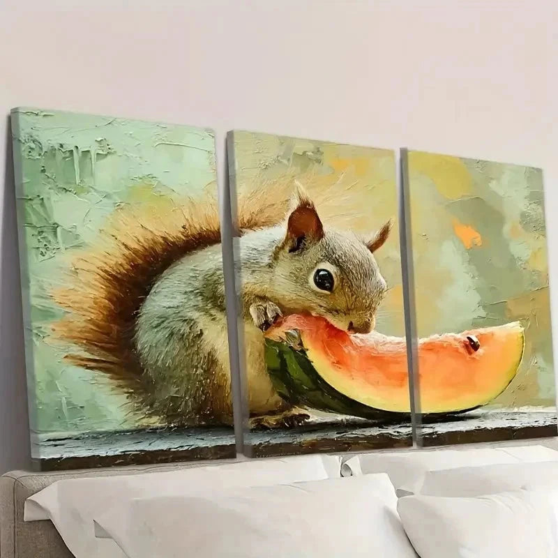 3pcs Cute Squirrel Eating Watermelon Wall Art Set Canvas Framed 40x60cm - High Quality Print 100% Australian Made Wall Canvas Ready to Hang - Bella Home Decor
