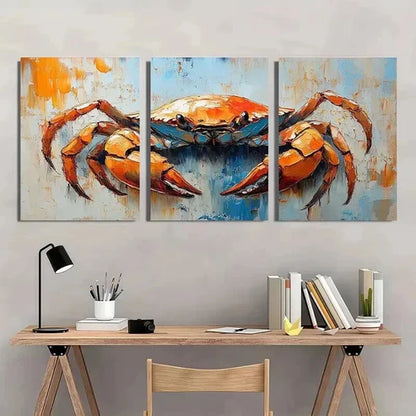 3pcs Blue & Orange Tone Crab Design Decor Wall Art Canvas Unframed - High Quality Print 100% Australian Made Wall Canvas - Bella Home Decor