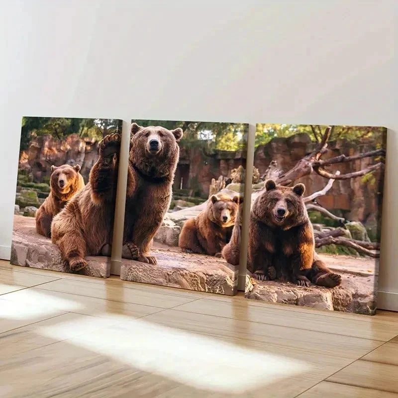 3pcs Zoo Art Cute Brown Bear Decoration Wall Art Set Canvas Framed 60x90cm - High Quality Print 100% Australian Made Wall Canvas Ready to Hang