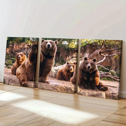 3pcs Zoo Art Cute Brown Bear Decoration Wall Art Set Canvas Framed 60x90cm - High Quality Print 100% Australian Made Wall Canvas Ready to Hang