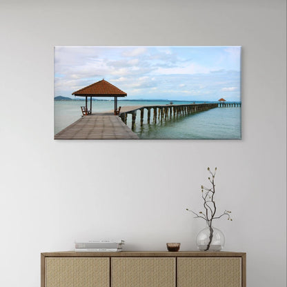 Wooden Pier and Beach Landscape Wall Art Canvas Office Home Framed 120x60cm