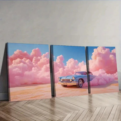 3pcs The car was driving in the pink desert Wall Art Set Canvas Unframed – High Quality Print 100% Australian Made Wall Canvas