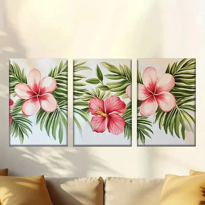 3pcs Vibrant Pink Hibiscus Flowers Green Leaves Wall Art Canvas Unframed - High Quality Print 100% Australian Made Wall Canvas