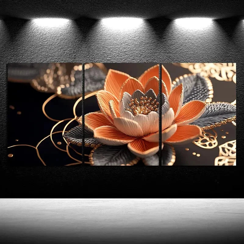 3pcs Water Lily Trio Golden Silver Modern Metal Print Ready to Hang Art - Bella Home Decor