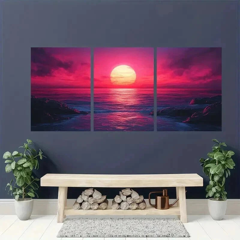 3pcs Vibrant Abstract Sunset in the Ocean Wall Art Set Canvas Framed 60x90cm - High Quality Print 100% Australian Made Wall Canvas Ready to Hang - Bella Home Decor