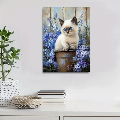 Adorable Birman Kitten with Flowers Painting 40x60cm Metal Print Ready to Hang - Bella Home Decor