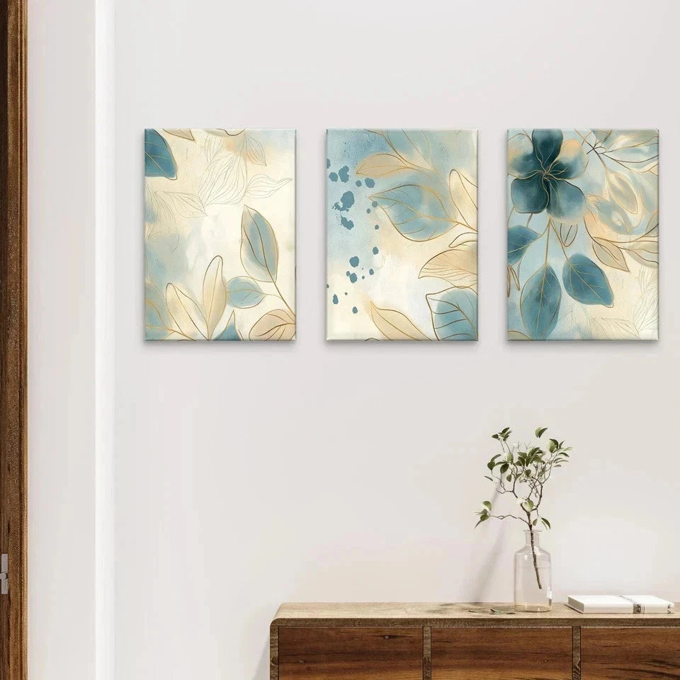 3pcs Modern Blue and Gold Floral Watercolour Wall Art Set Canvas Framed 40x60cm - High Quality Print 100% Australian Made Wall Canvas Ready to Hang