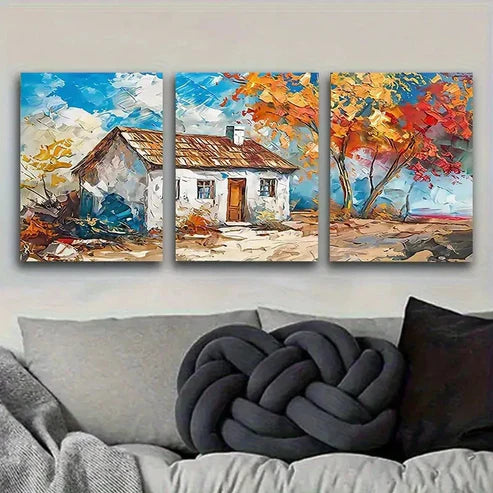 3pcs Cozy Autumn Cottage Landscape Wall Art Canvas Unframed - High Quality Print 100% Australian Made Wall Canvas - Bella Home Decor