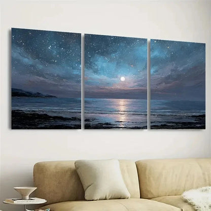 3pcs Luxury Moonlit Seascape Starry Sky Wall Art Set Canvas Framed 60x90cm - High Quality Print 100% Australian Made Wall Canvas Ready to Hang