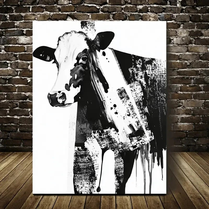 Modern Abstract Black and White Cow Painting 40x60cm Metal Print Ready to Hang - Bella Home Decor