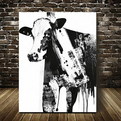 Modern Abstract Black and White Cow Painting 40x60cm Metal Print Ready to Hang - Bella Home Decor