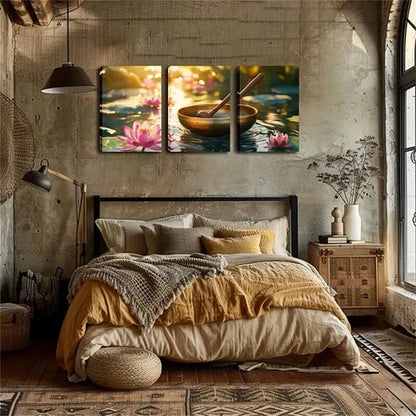 3pcs Golden Bowl and Wooden Spoon on Water Wall Art Set Canvas Unframed - High Quality Print 100% Australian Made Wall Canvas - Bella Home Decor
