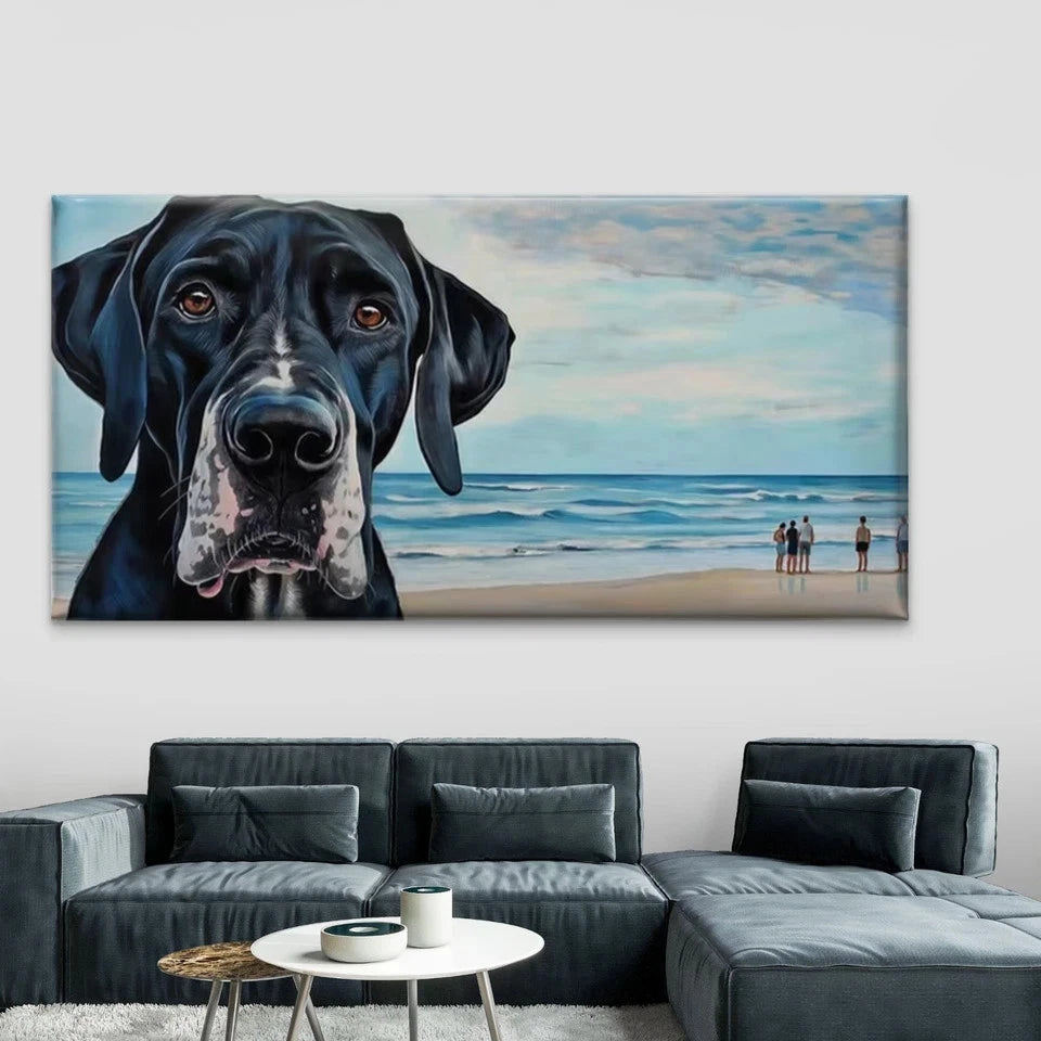 Black Great Dane Dog on Beach Wall Art Canvas Office Home Room Framed 120x60cm